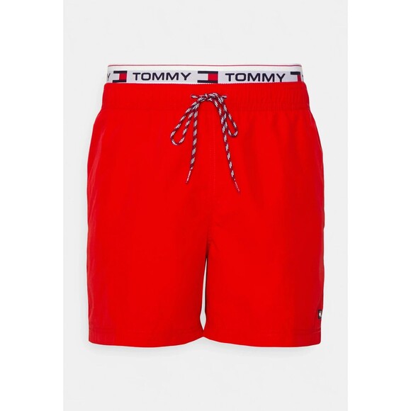Tommy Hilfiger Double Waist Drawstring Swim Trunks Mens L Red Mesh Lined NEW